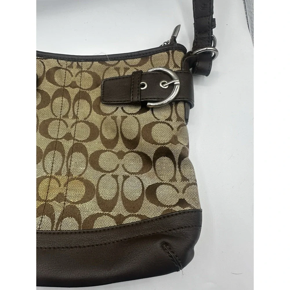 Coach Signature Soho Hobo Shoulder Bag Brown Khaki Canvas Leather Buckle Trim 14